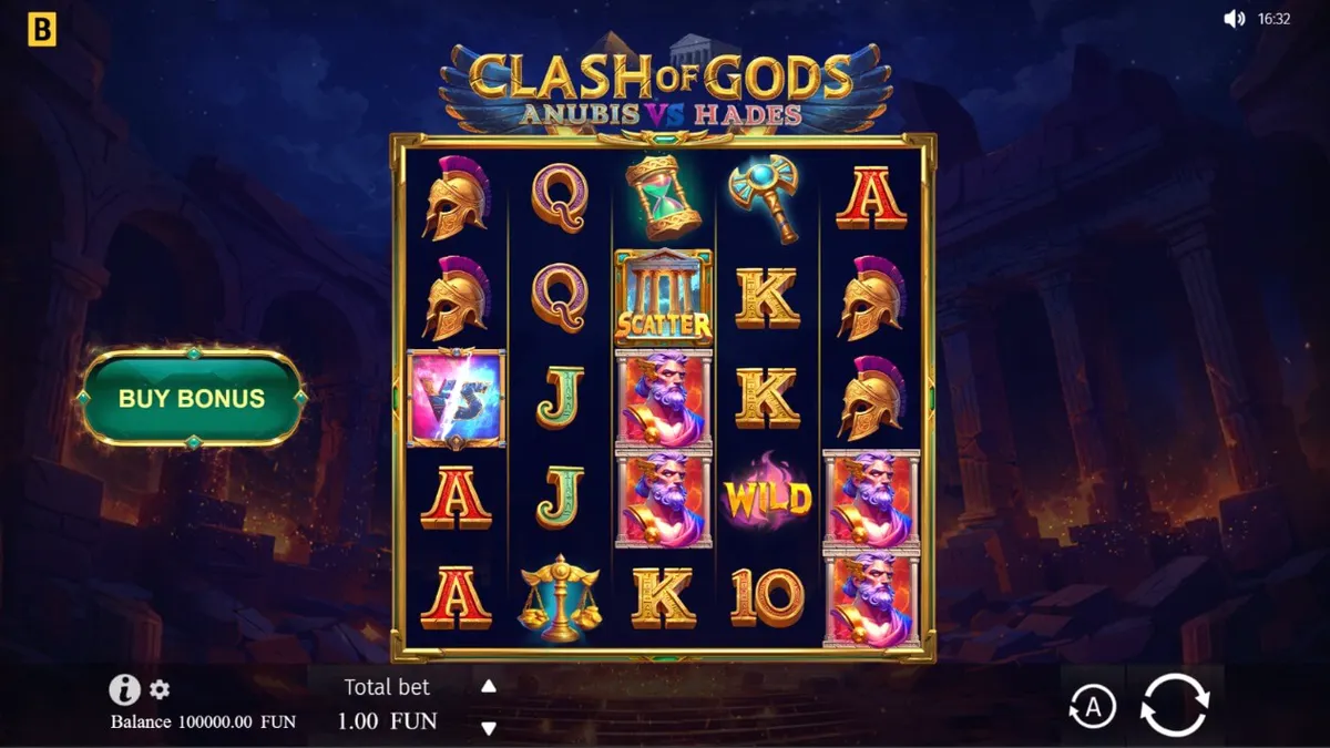 Visual na disenyo ng Clash of Gods: Anubis vs Hades na nagpapakita ng mga diyos sa isang arena